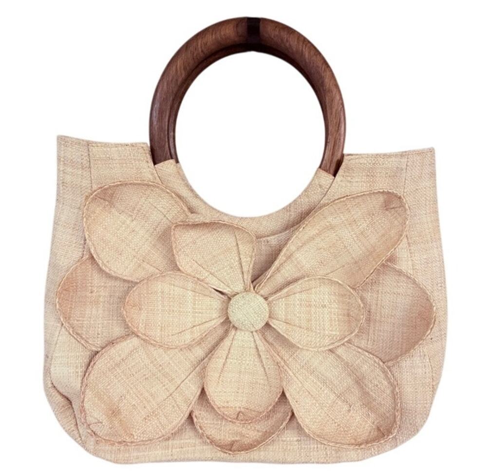 Mar Y Sol Madagascar Raffia Flower Tote Wood Handle Bag